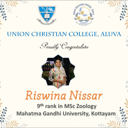 Riswina Nissar (M.Sc. Zoology 2019-21 Batch) secured 9th Rank in Zoology from MG University, Kottyam.