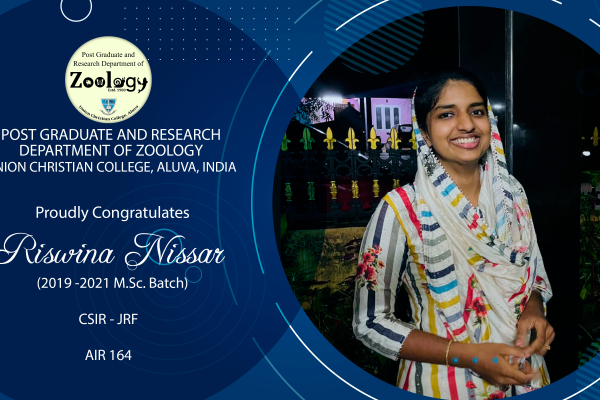 Riswina Nissar (M.Sc. Zoology 2019-21 Batch) cleared CSIR-JRF with AIR 164.