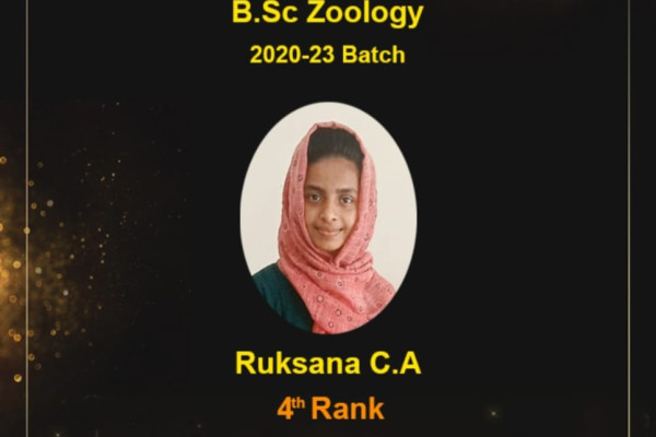 Ruksana C A (B.Sc. Zoology 2020-23 Batch) secured 4th Rank in Zoology from MG University, Kottyam.