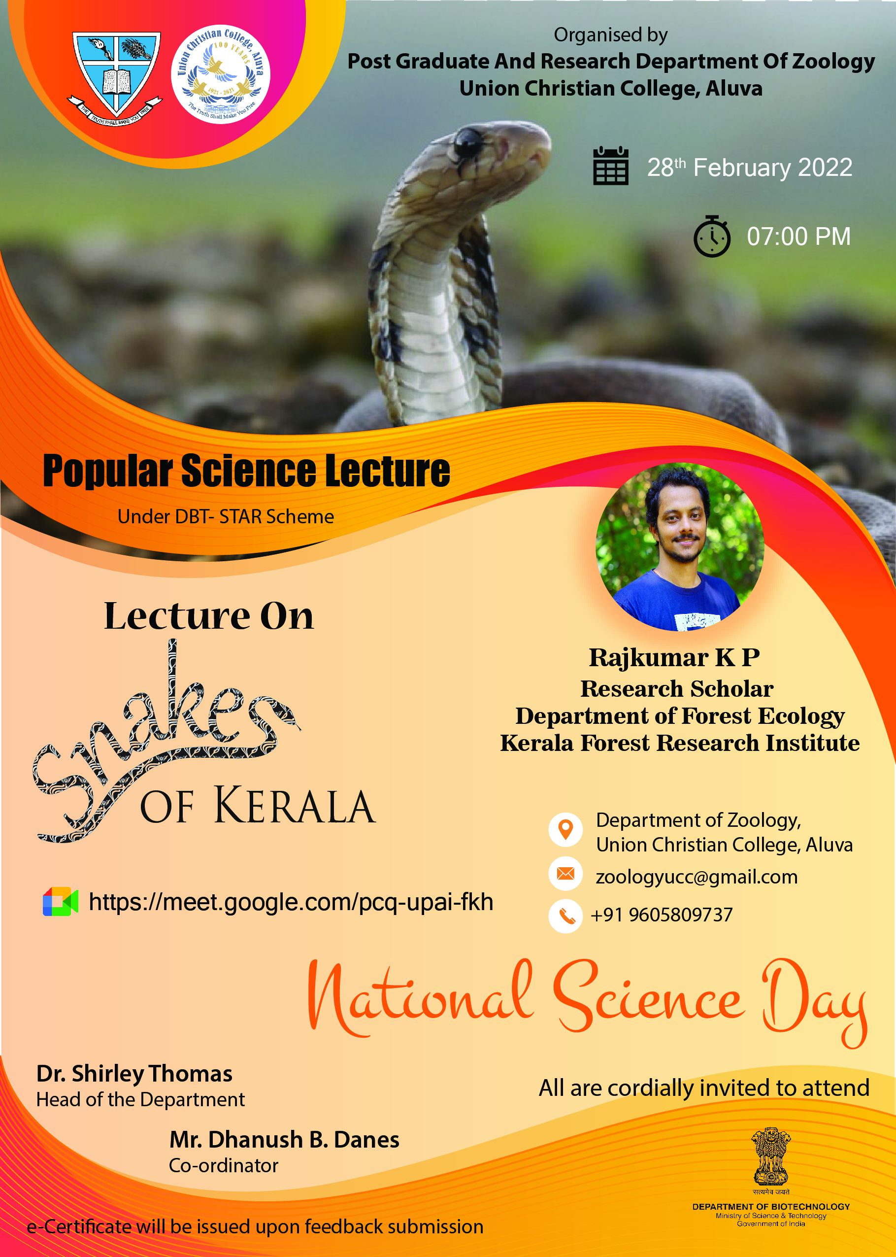 Popular Science Lecture : SNAKES OF KERALA