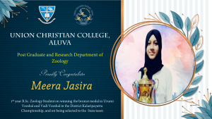 Meera Jasira (B.Sc. Zoology 2021-24 Batch) won the bronze medal in Urumi Veeshal and Vadi Veeshal in the District Kalaripayattu Championship and got selected for the State team.