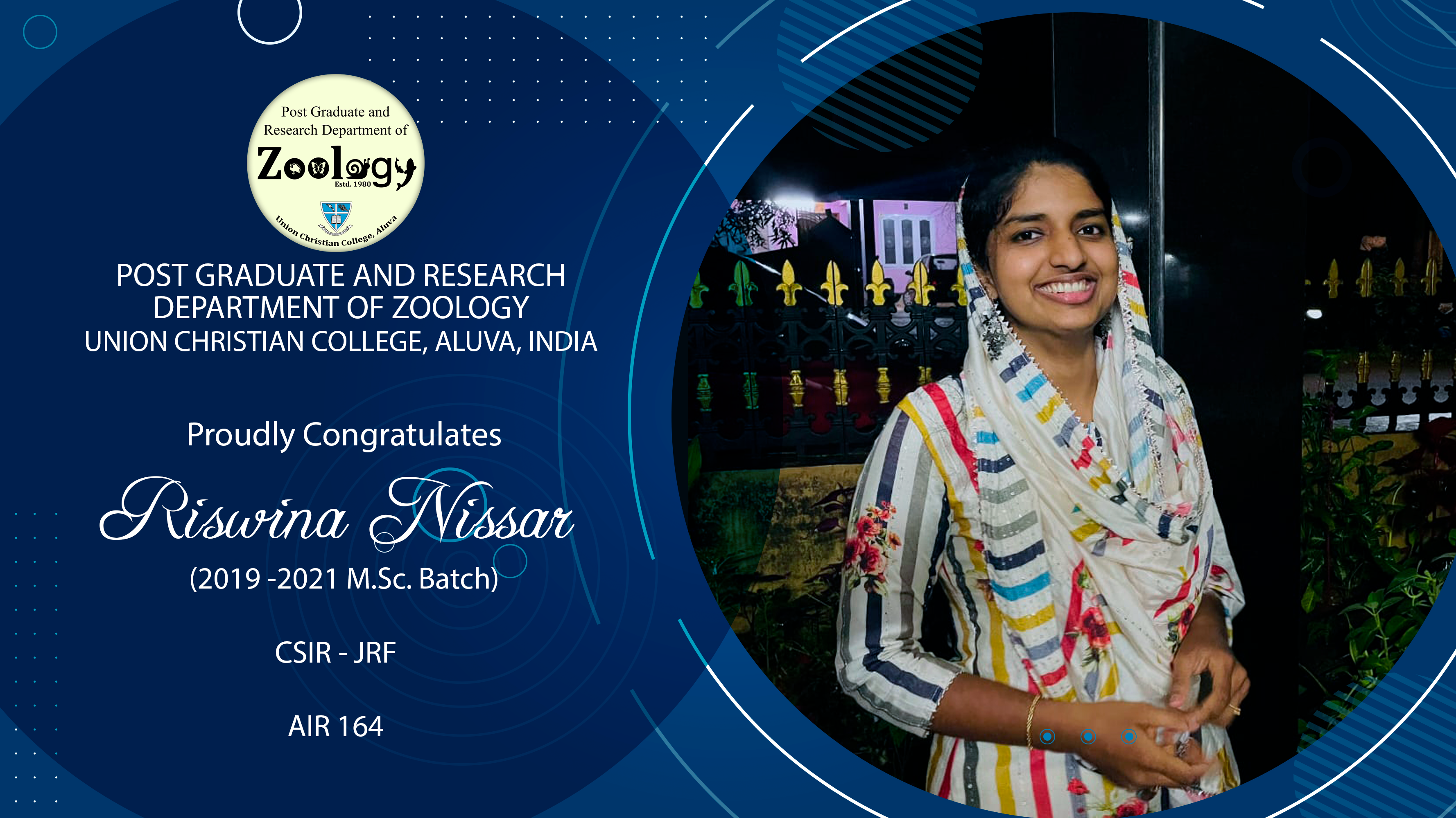 Riswina Nissar (M.Sc. Zoology 2019-21 Batch) cleared CSIR-JRF with AIR 164.