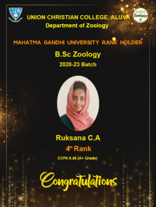 Ruksana C A (B.Sc. Zoology 2020-23 Batch) secured 4th Rank in Zoology from MG University, Kottyam.