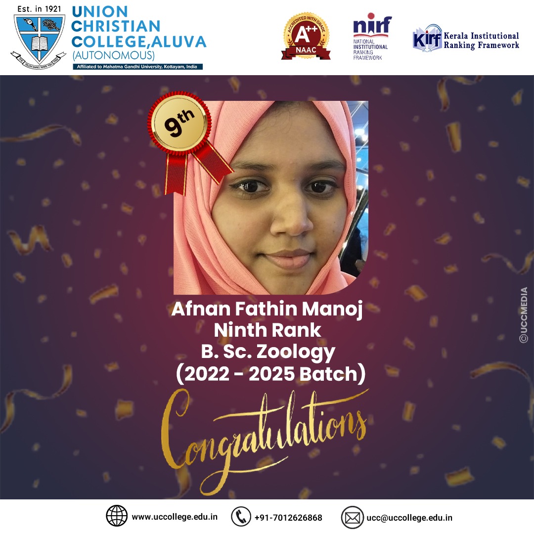 Congratulations to Afnan Fathin Manoj for securing 9th Position in MGU Degree Examinations